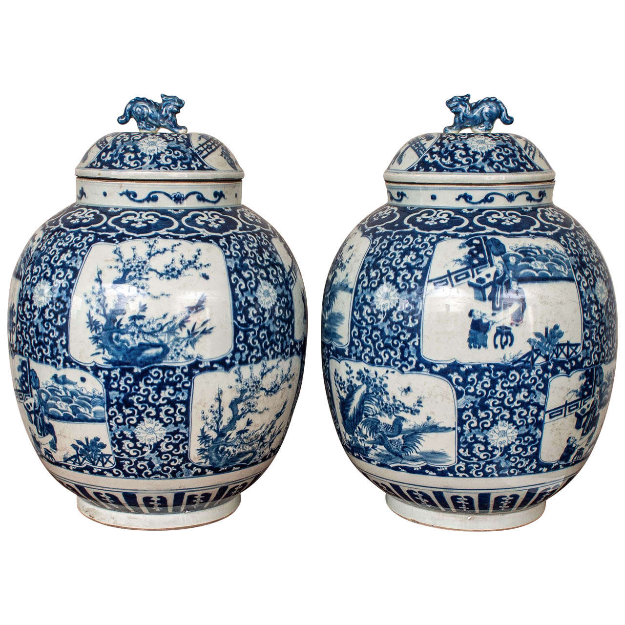 Pair of Large Chinese Blue and White Porcelain Temple Jars
