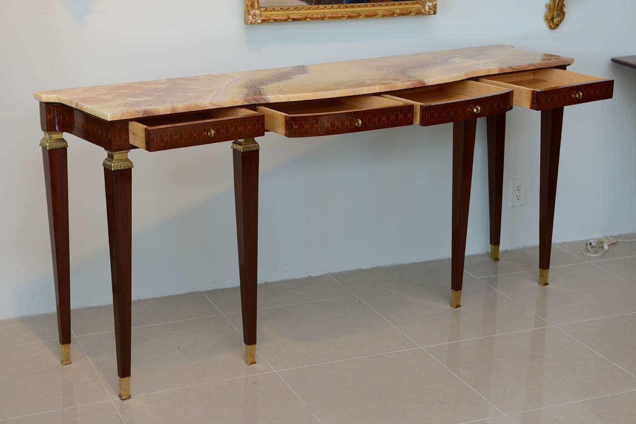 Pair of Italian Modern Walnut and Fruitwood Marquetry Inlaid Onyx Top Consoles In Excellent Condition In Hollywood, FL