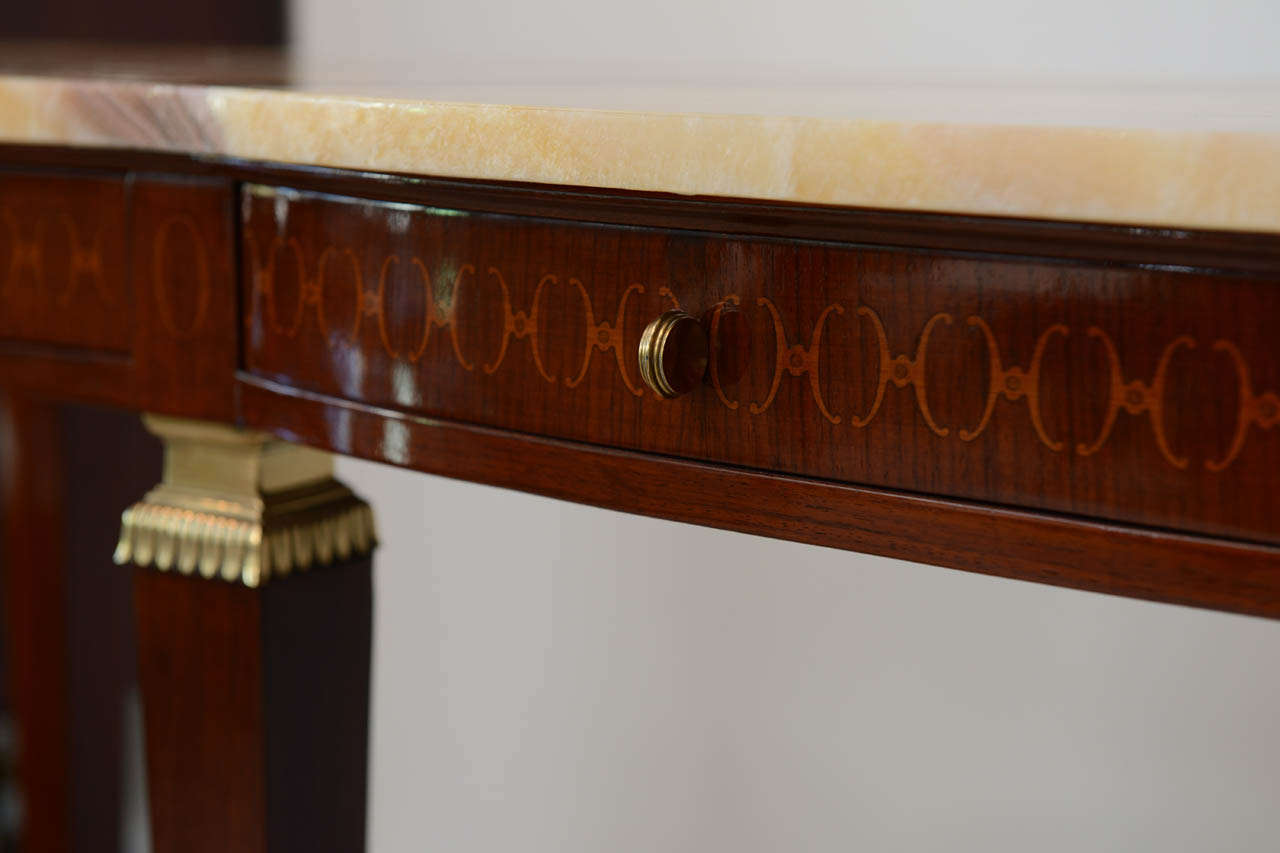 Pair of Italian Modern Walnut and Fruitwood Marquetry Inlaid Onyx Top Consoles 2