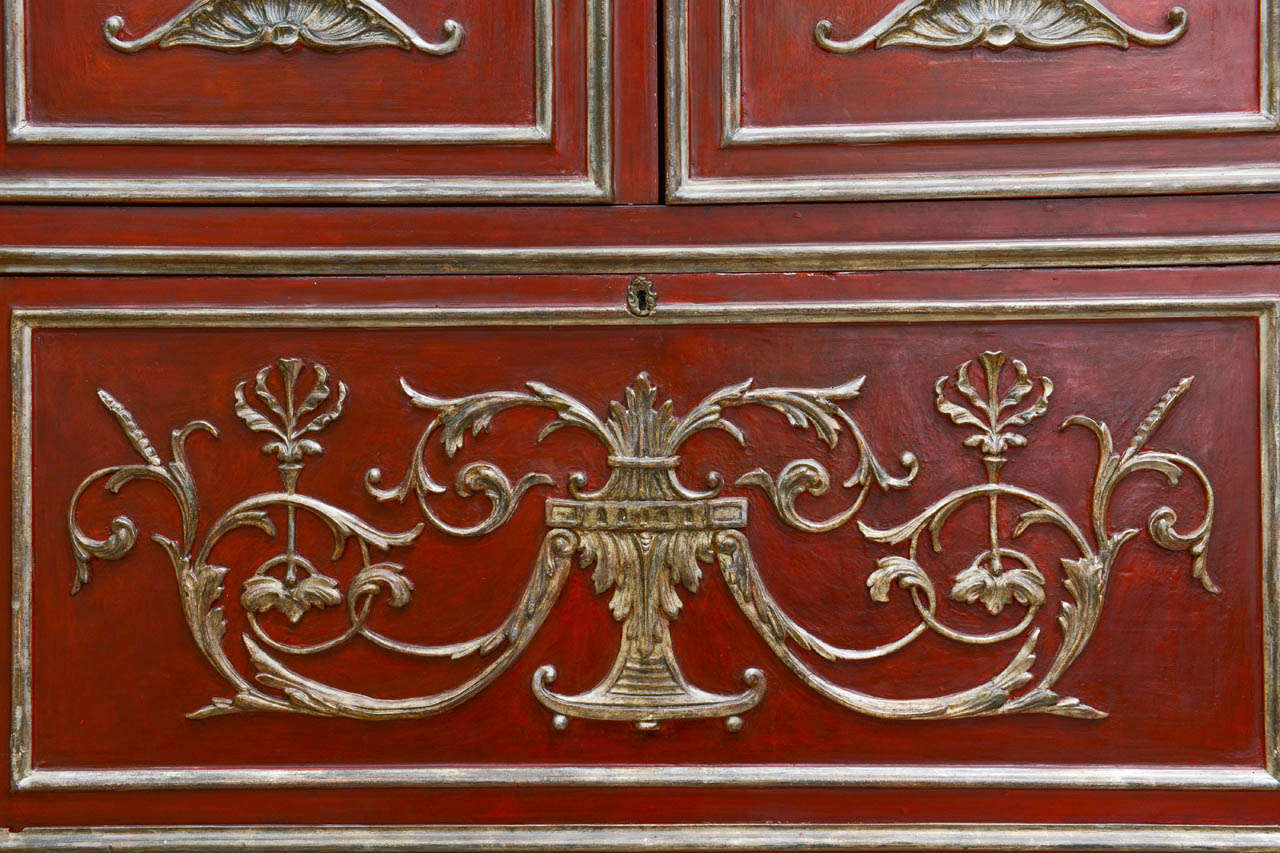 19th Century Italian Neoclassic Style Scarlet Painted and Silver Gilt Cabinet For Sale