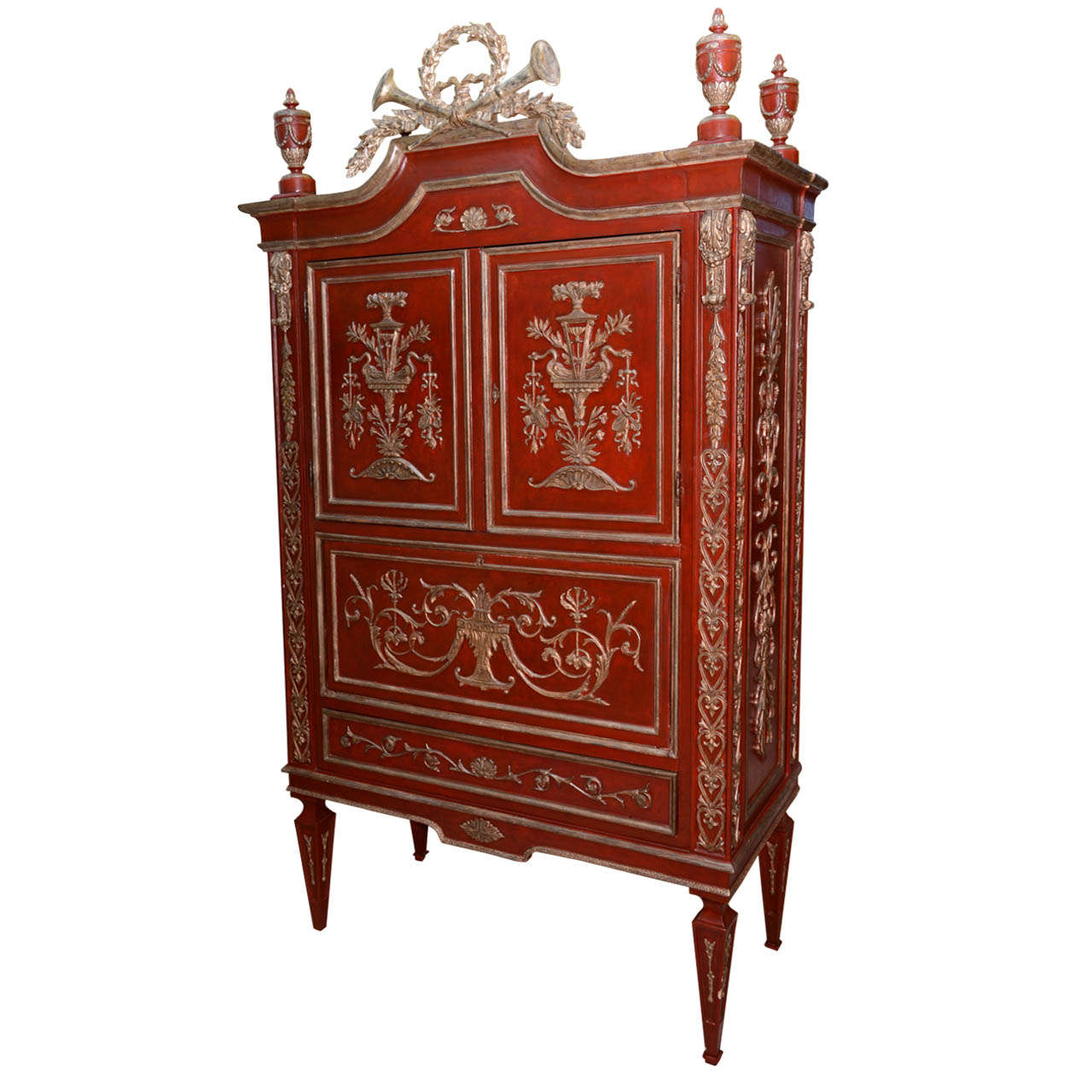 Italian Neoclassic Style Scarlet Painted and Silver Gilt Cabinet For Sale