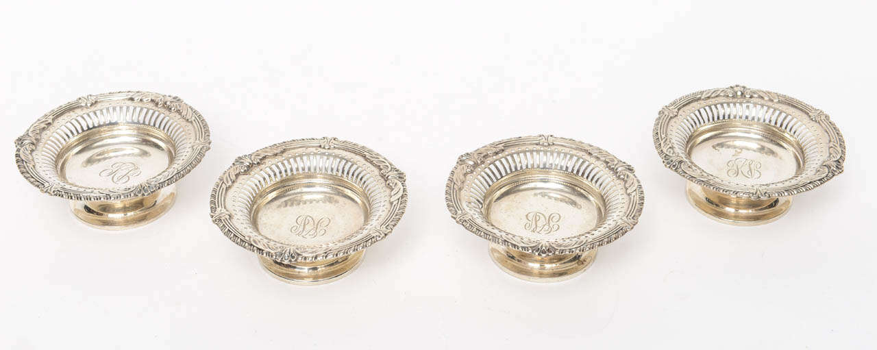 Set of 4 small dishes, each having an engraved monogram, embellished with gadrooning, piercing & foliate motifs, raised on a circular foot, 8 troy oz

Originally $ 2,400.00

CHECK OUR INVENTORY FOR ADDITIONAL SALE ITEMS