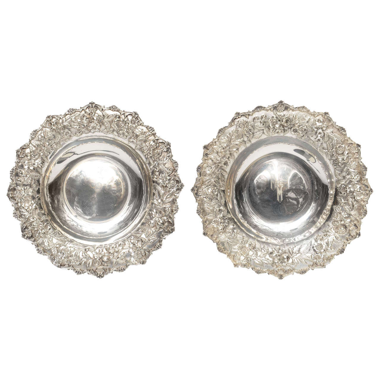 Pair of Sterling Silver Bowls, Repousse Design, 20th Century For Sale