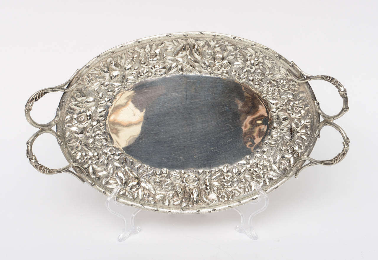 American Sterling Silver Bread Tray, Repousse Floral Border, 19th Century For Sale