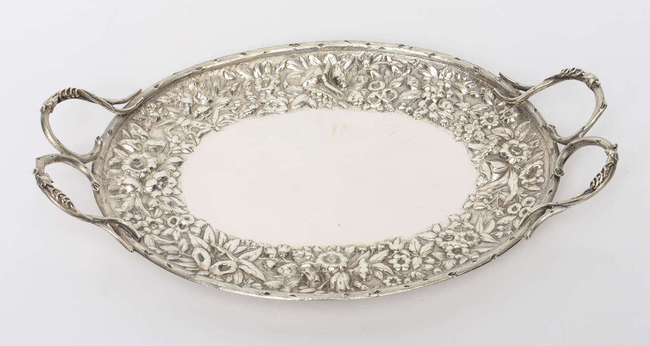 Sterling Silver Bread Tray, Repousse Floral Border, 19th Century For Sale 1
