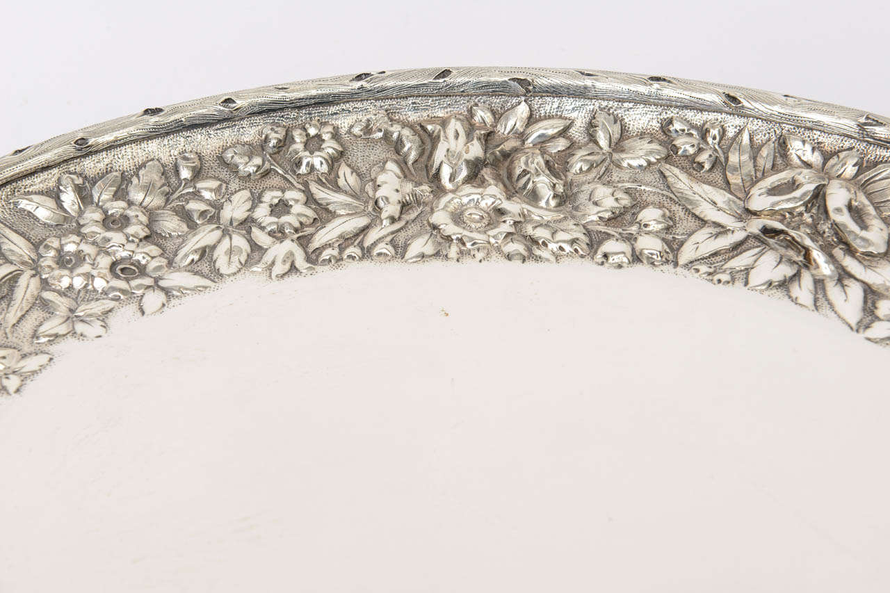 Sterling Silver Bread Tray, Repousse Floral Border, 19th Century For Sale 4