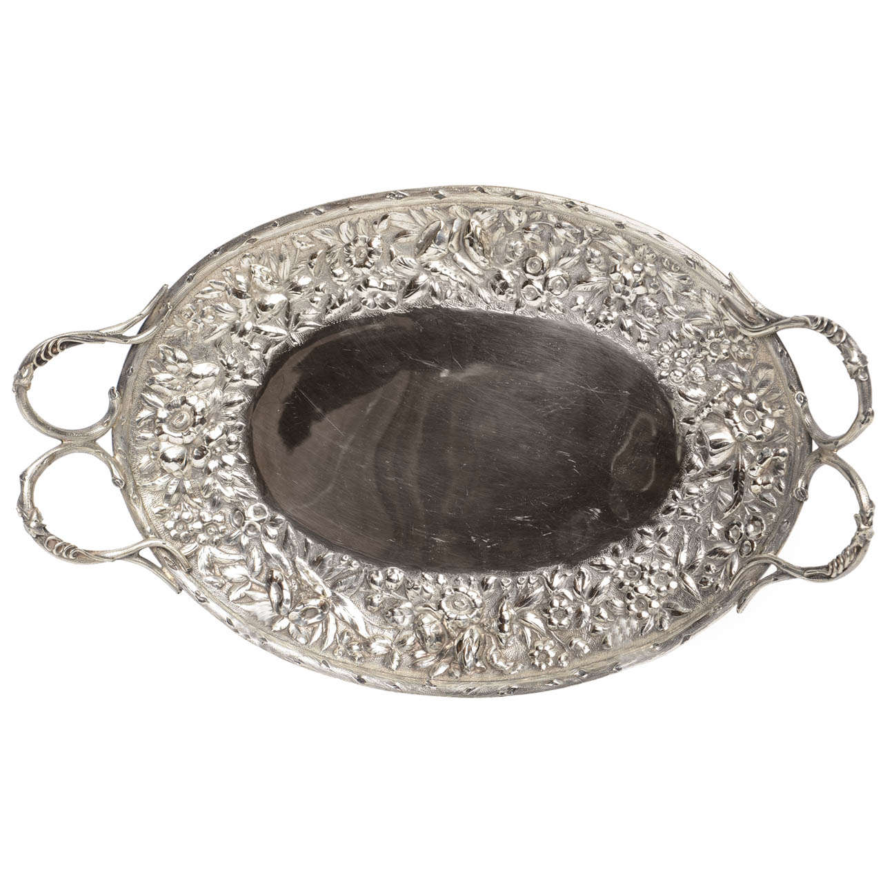 Sterling Silver Bread Tray, Repousse Floral Border, 19th Century For Sale