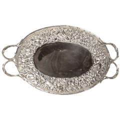 Antique Sterling Silver Bread Tray, Repousse Floral Border, 19th Century