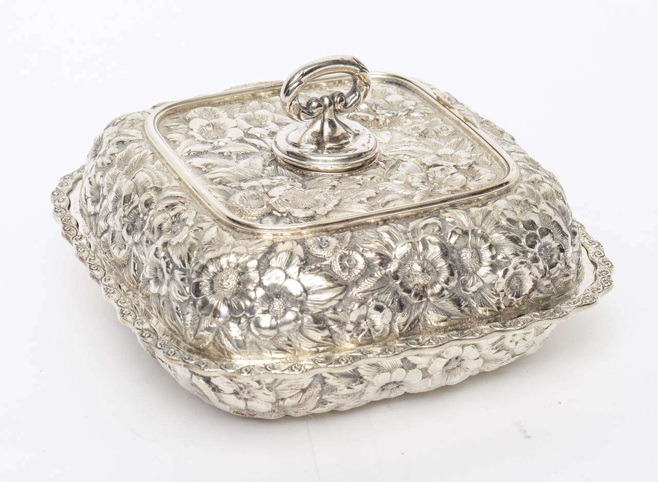 Sterling Silver Covered Dish, attributed to Samuel Kirk & Co. ( unmarked) USA , Baltimore. square covered dish richly decorated all over, top & underside, with ornate repousse floral design, 22 troy oz