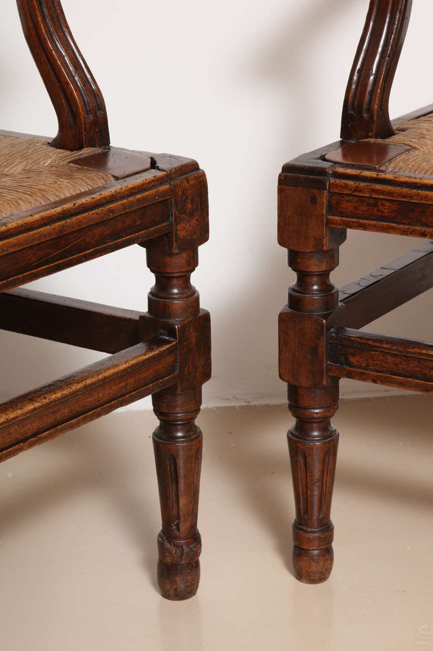 Pair of Large 19th Century Italian Walnut Armchairs with Rush Seats 1