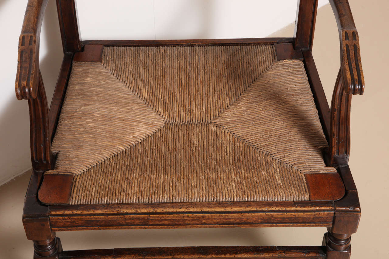Pair of Large 19th Century Italian Walnut Armchairs with Rush Seats 3