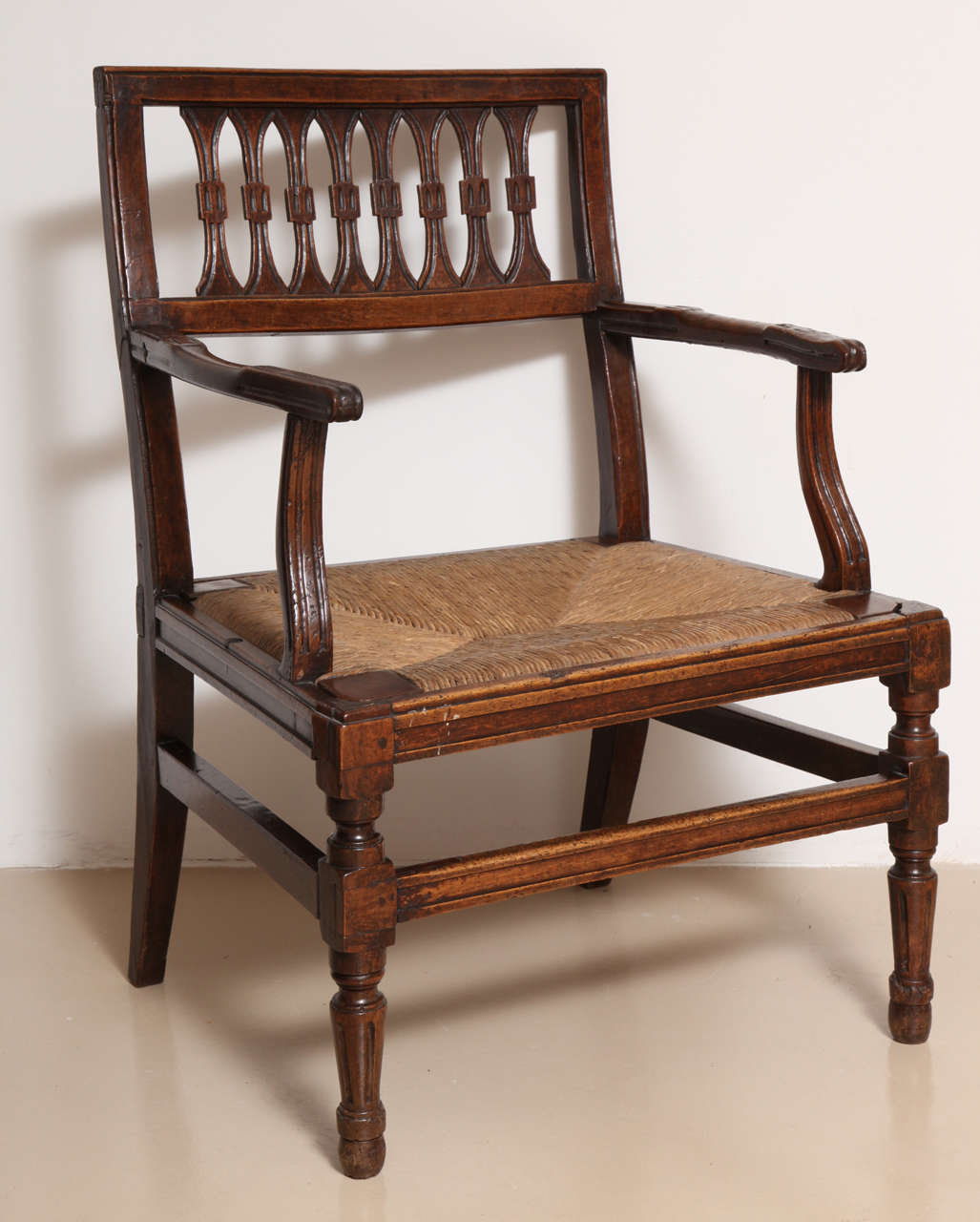 Pair of Large 19th Century Italian Walnut Armchairs with Rush Seats 4