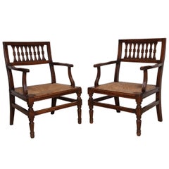 Pair of Large 19th Century Italian Walnut Armchairs with Rush Seats