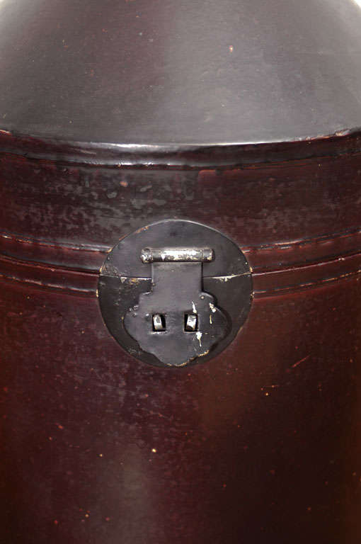Lacquered Leather Hat Box with Red Interior.