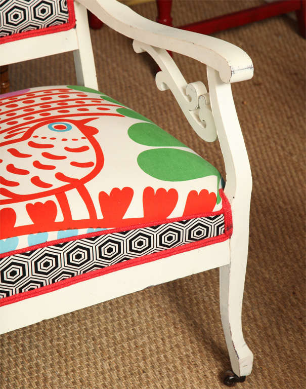 Wood Vintage White Settee with Merimekko Fabric