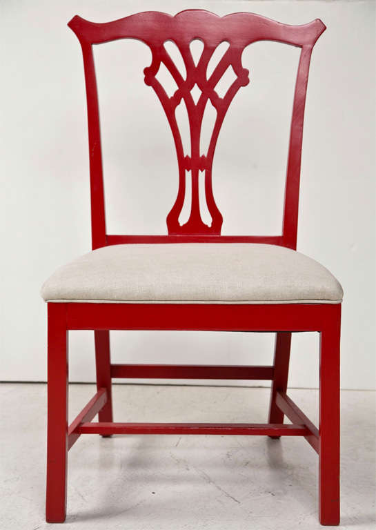 Pair of Red Lacquer Queen Anne Style Chairs, newly upholstered in Belgian Linen