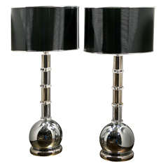 Pair of Large Vintage Mercury Glass Lamps with Black Drum Shades