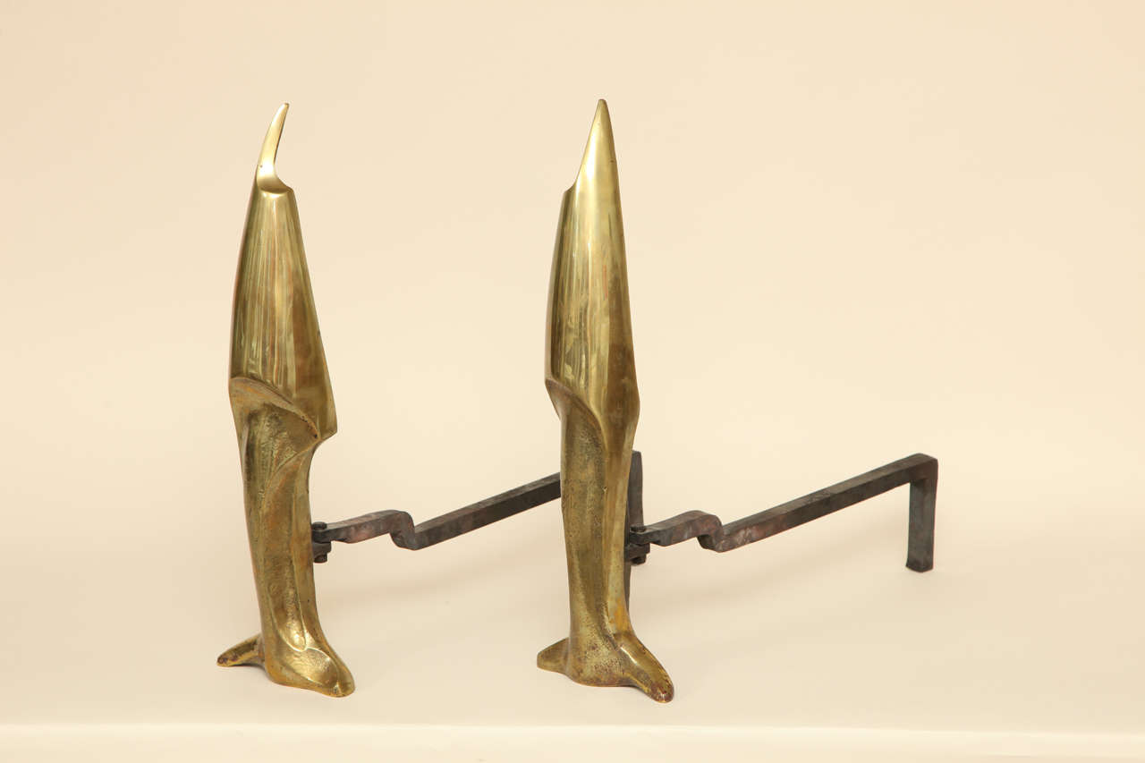 Pair of bronze andirons in beautiful abstract design with polished upper section and hammered lower section.
Signed and dated: P. LEGRAIN 1926.