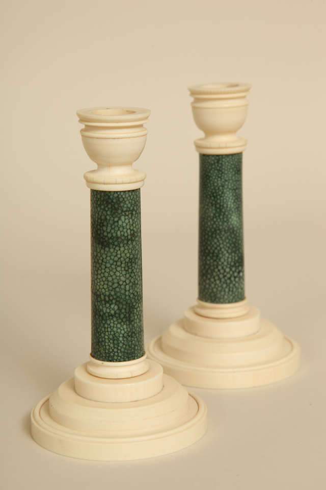 Finely carved stepped bone base and bobeche with green galuchat around the shaft.