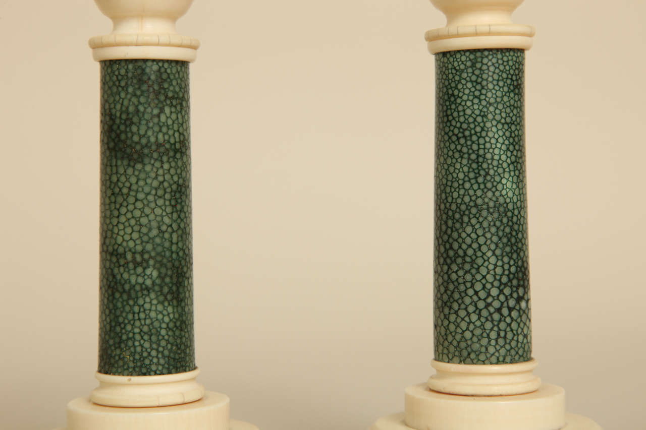 Art Deco Pair of Bone and Shagreen Candlesticks In Excellent Condition For Sale In New York, NY