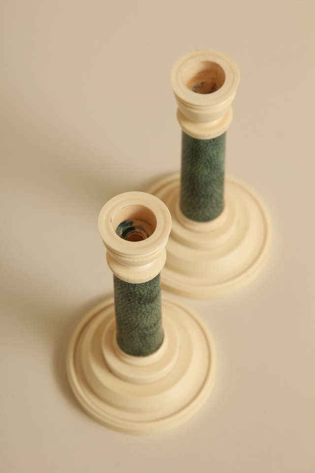 20th Century Art Deco Pair of Bone and Shagreen Candlesticks For Sale