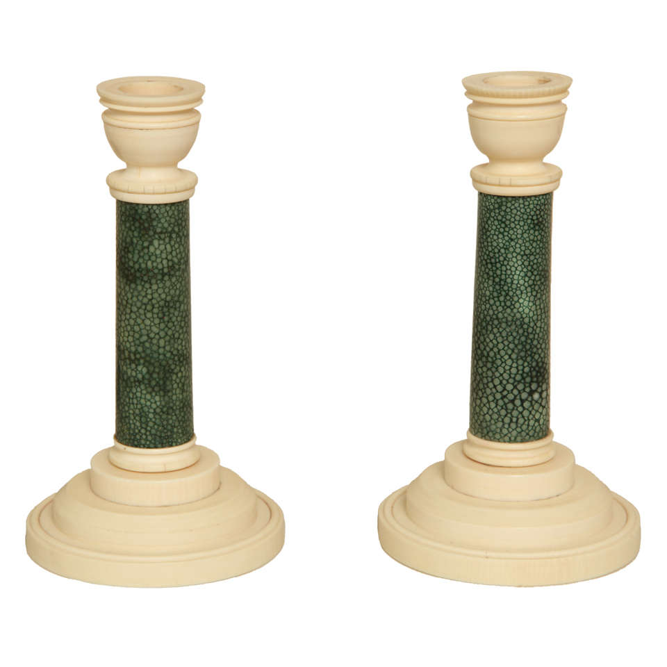 Art Deco Pair of Bone and Shagreen Candlesticks For Sale