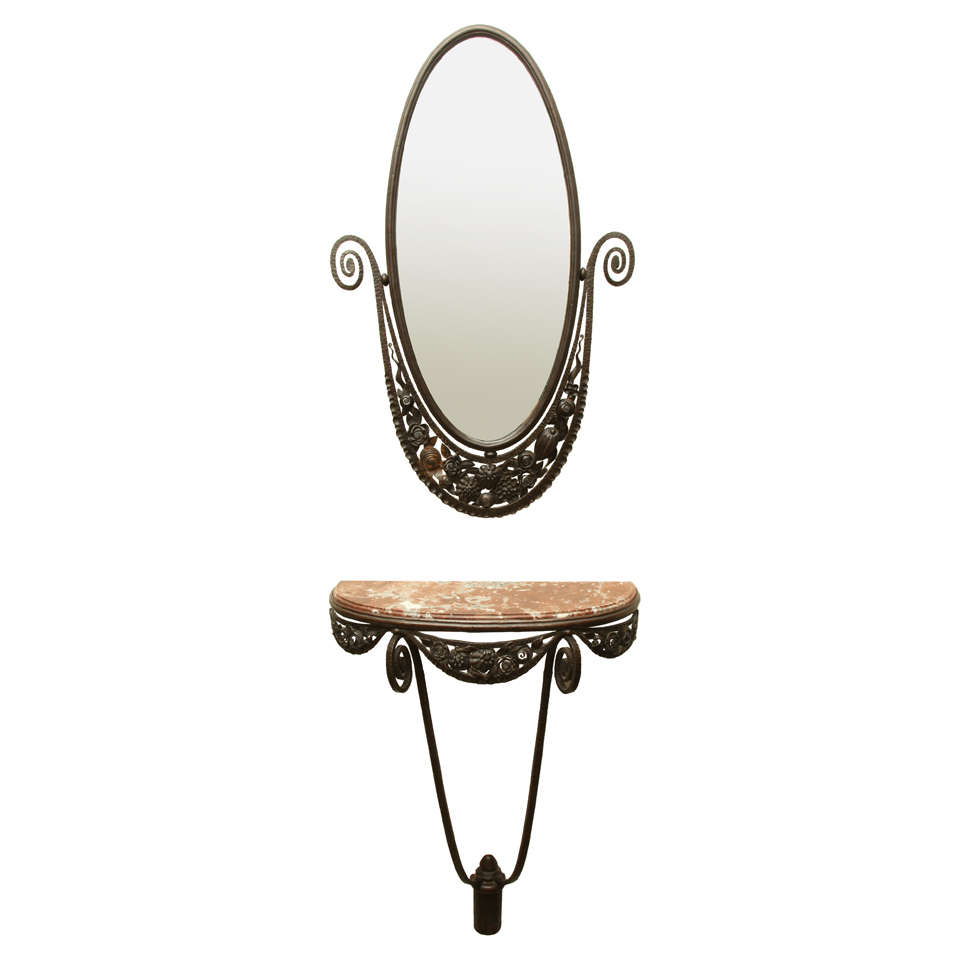 Edgar Brandt Art Deco Wrought Iron and Marble Console and Mirror For Sale