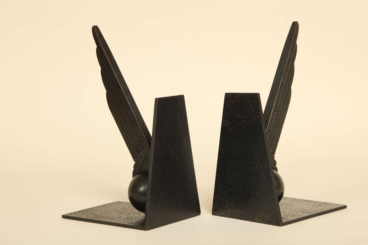 Art Deco Pair of Wrought Iron Wing and Ball Bookends by Edgar Brandt In Excellent Condition In New York, NY