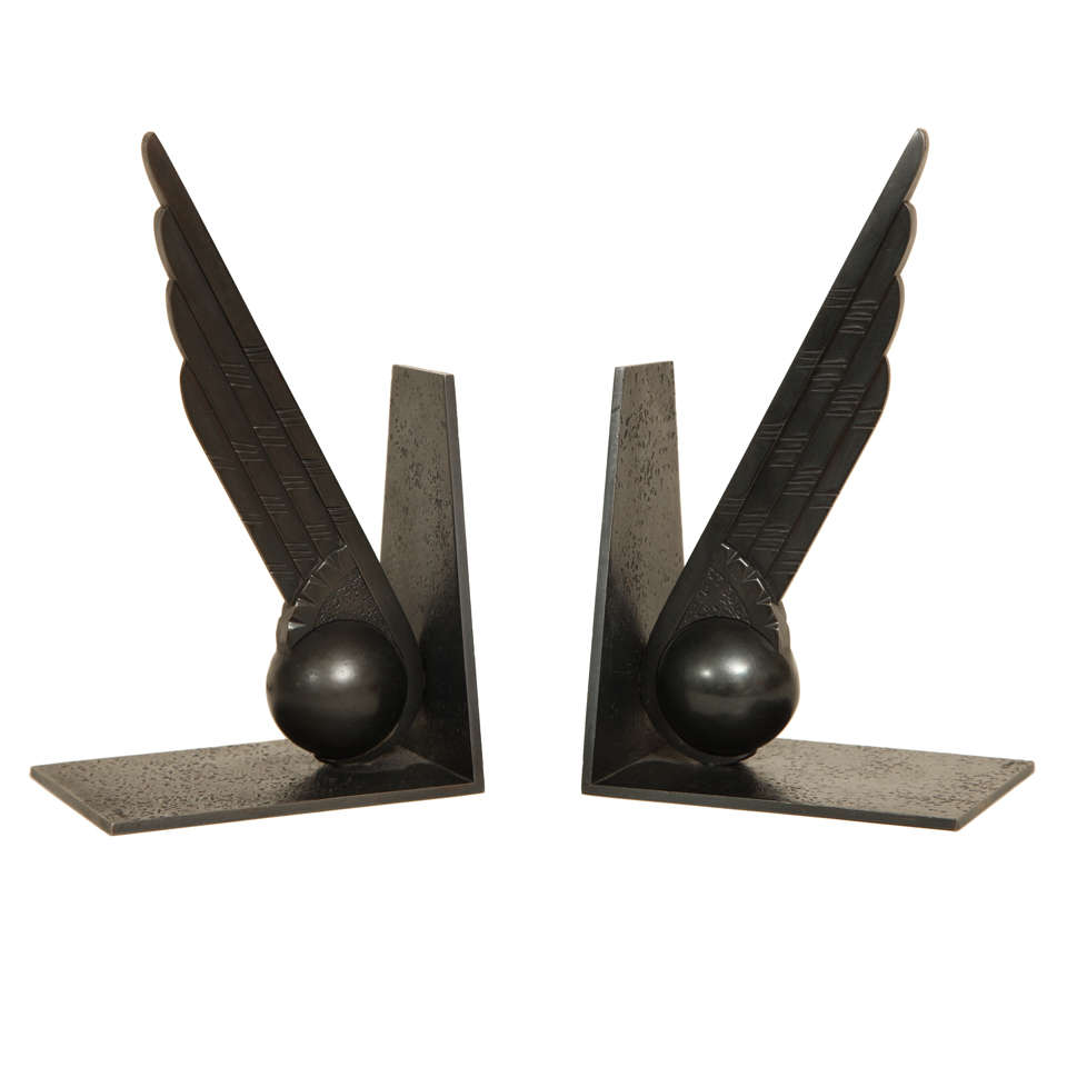 Art Deco Pair of Wrought Iron Wing and Ball Bookends by Edgar Brandt