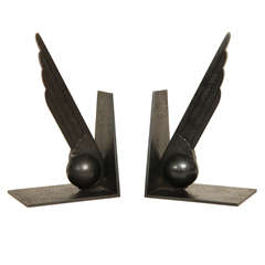 Art Deco Pair of Wrought Iron Wing and Ball Bookends by Edgar Brandt