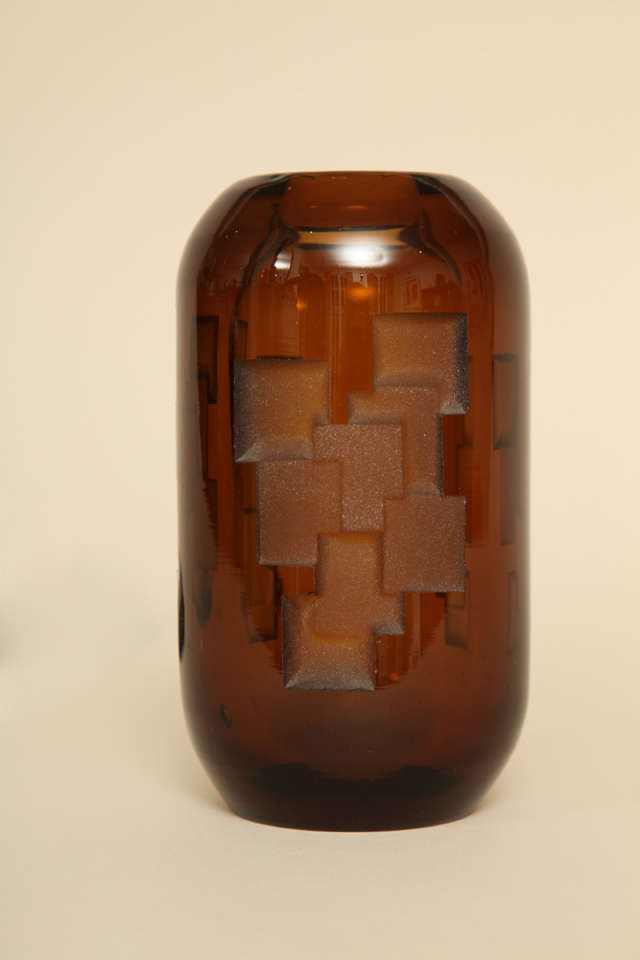 French Art Deco Etched Amber Glass Vase by Jean Luce