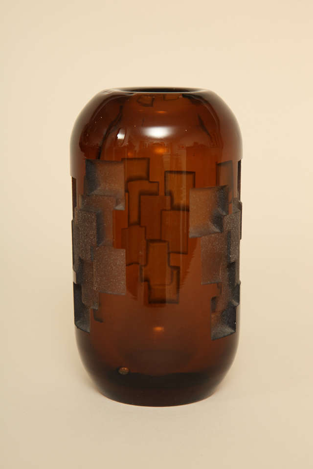 Art Deco Etched Amber Glass Vase by Jean Luce In Excellent Condition In New York, NY