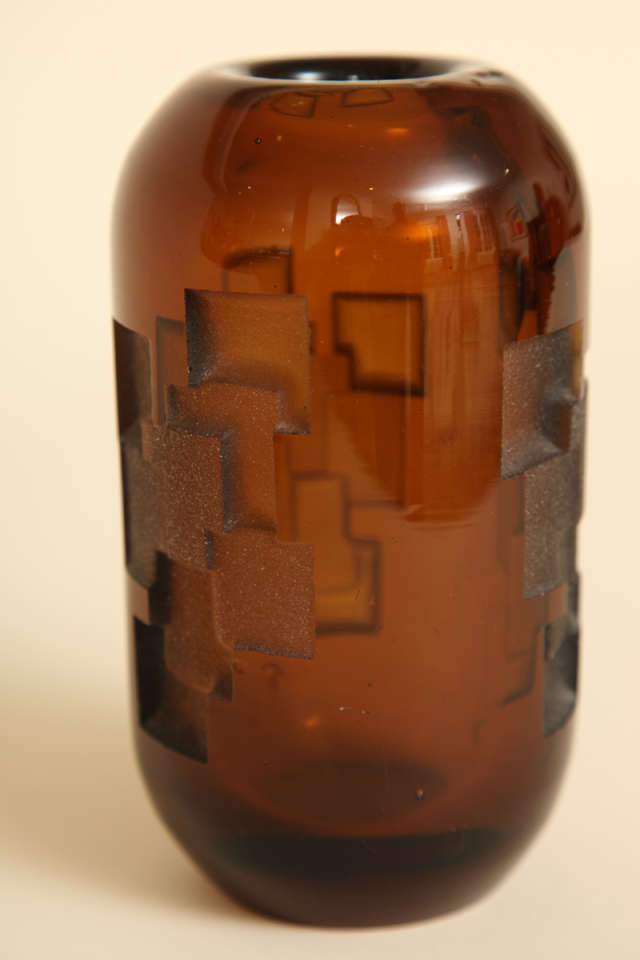 Art Deco Etched Amber Glass Vase by Jean Luce 1