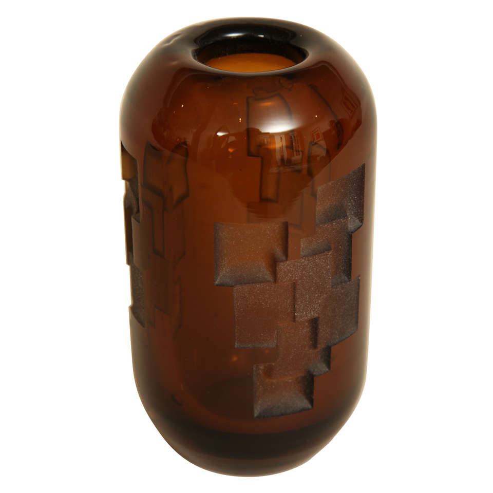 Art Deco Etched Amber Glass Vase by Jean Luce
