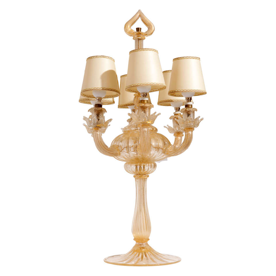  Seguso Murano Glass  Mid Century  Six-Light Table Lamp  Gold Leaf , 1940 For Sale