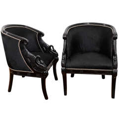 Pair of  1940's Black Lacquer American Carved Swan  Side Chairs 