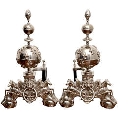 Antique Pair of English 1860's Nickel Plated Andirons