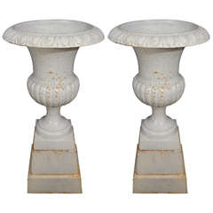 Vintage Pair of Mid Century Garden Urns on Cast Iron Pedestals
