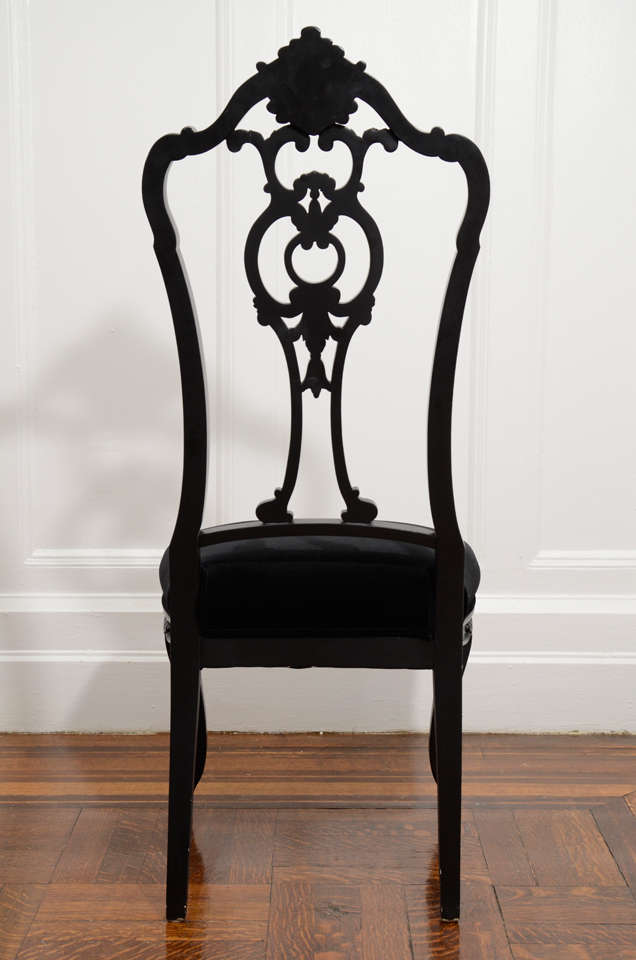 Handsomely Carved Set of 6 1940's Italianate Ebonized Dining Chairs 4
