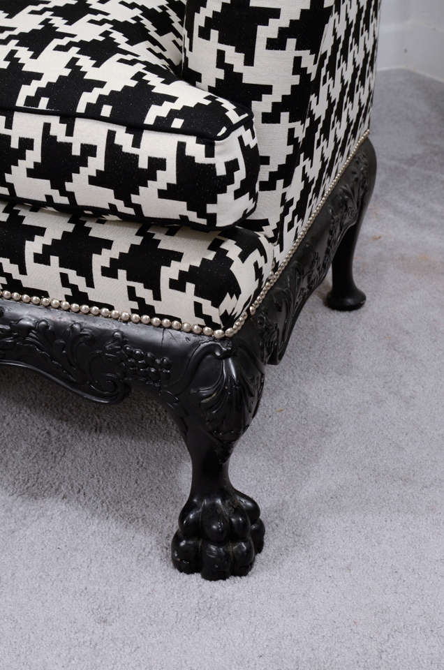 George II Single Ball and Claw Houndstooth English Wing Chair with Nickel Nailheads