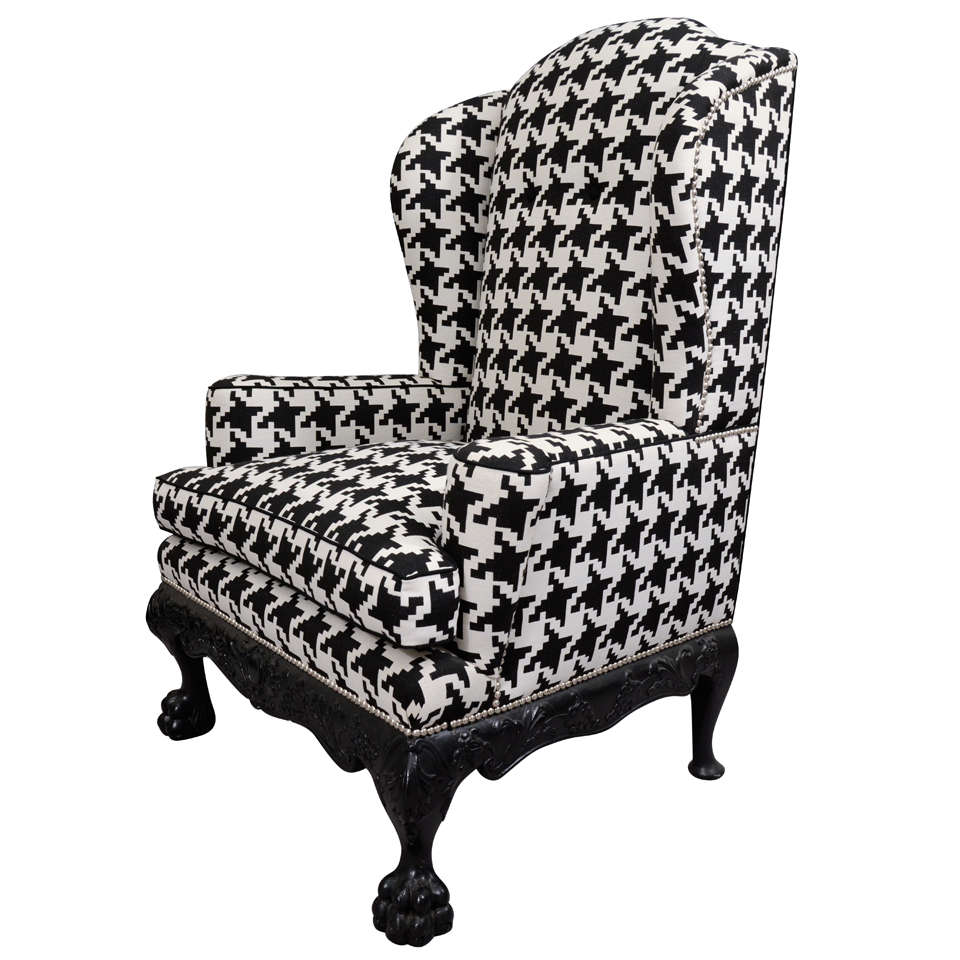 Single Ball and Claw Houndstooth English Wing Chair with Nickel Nailheads