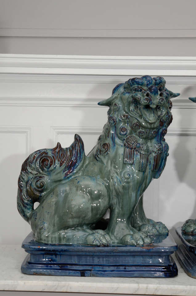 Substantial Pair of Italian Glazed Terra Cotta 19th Century Foo Dogs In Good Condition In New York, NY
