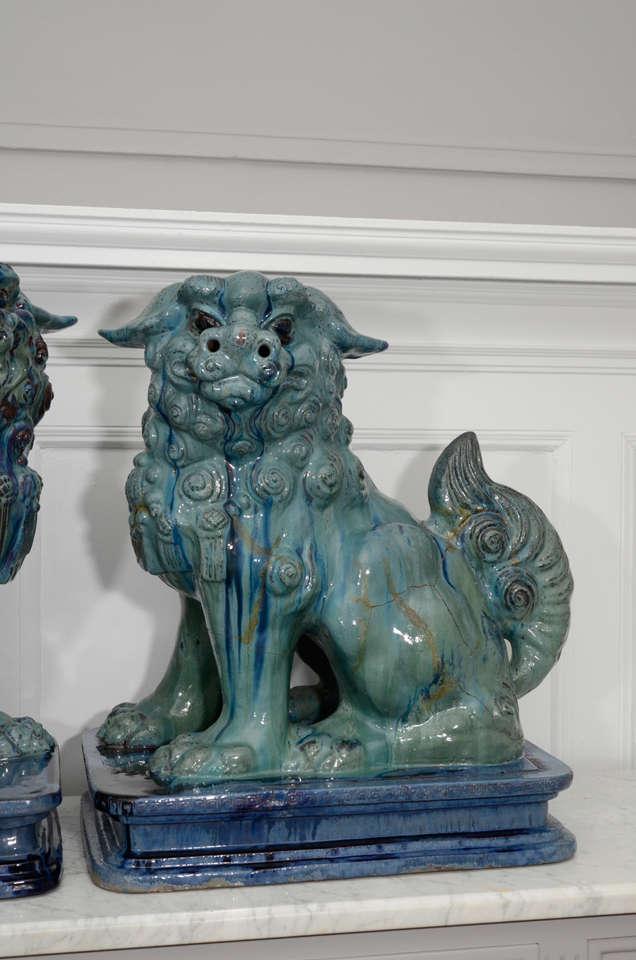 Terracotta Substantial Pair of Italian Glazed Terra Cotta 19th Century Foo Dogs