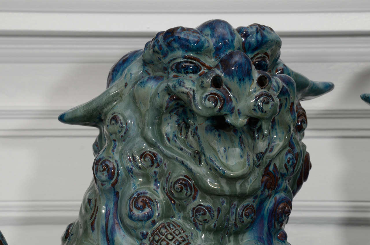 Substantial Pair of Italian Glazed Terra Cotta 19th Century Foo Dogs 1