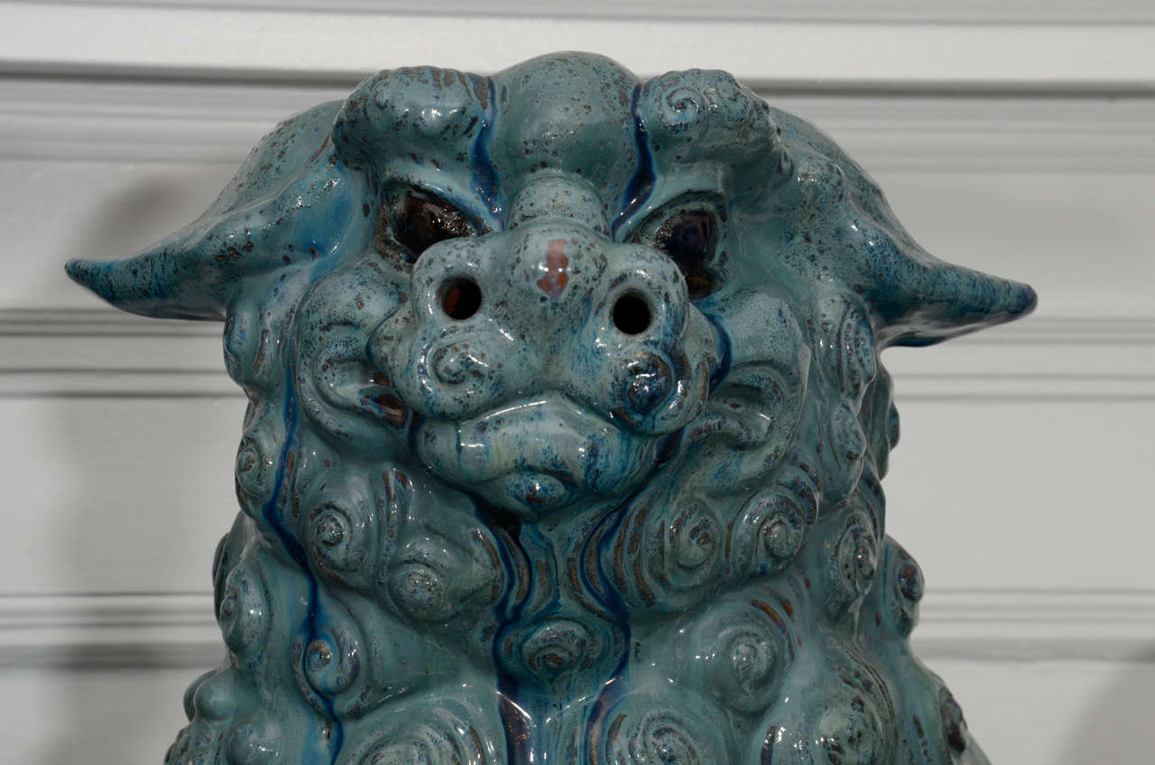 Substantial Pair of Italian Glazed Terra Cotta 19th Century Foo Dogs 2