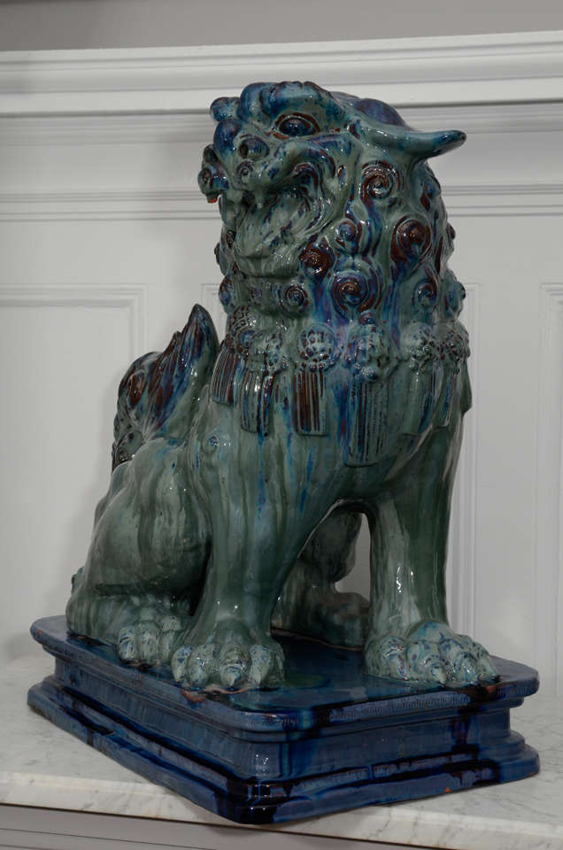 Substantial Pair of Italian Glazed Terra Cotta 19th Century Foo Dogs 4