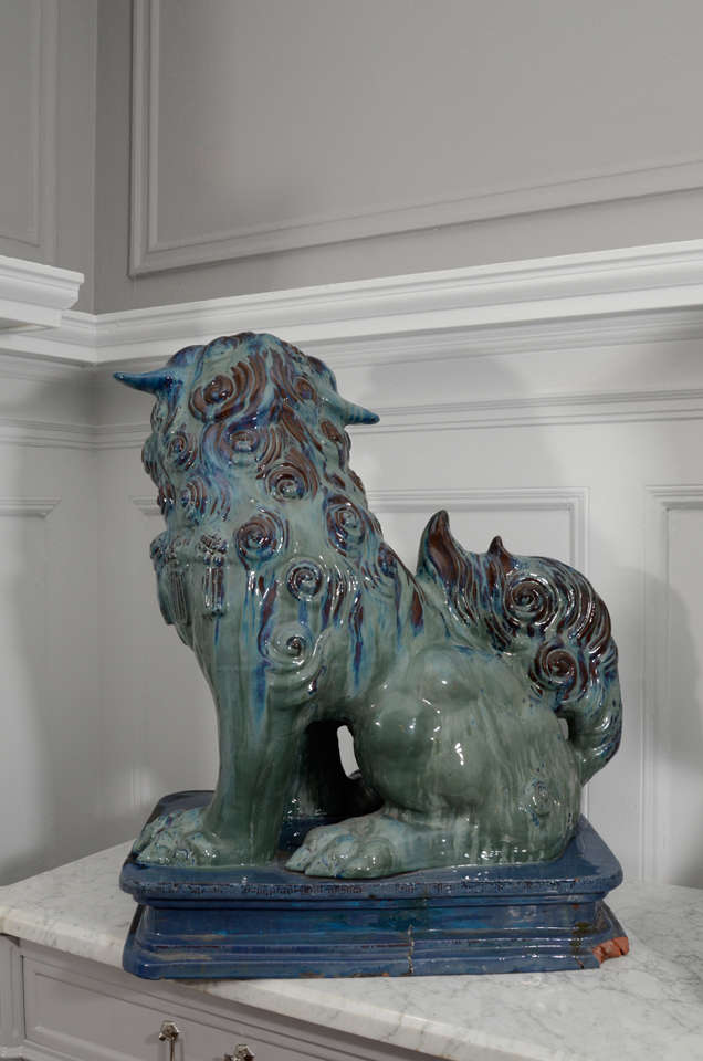 Substantial Pair of Italian Glazed Terra Cotta 19th Century Foo Dogs 5