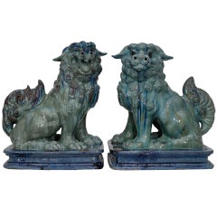 Substantial Pair of Italian Glazed Terra Cotta 19th Century Foo Dogs