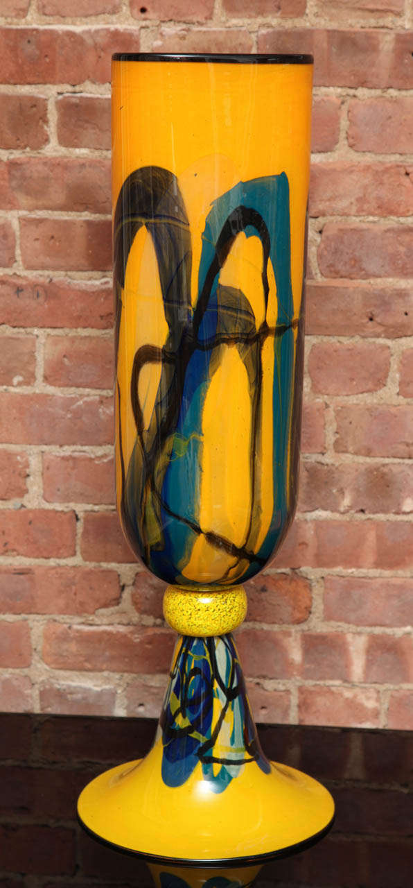 This yellow gorgeous Contemporary vase has a unique triangular bowl shape in blue, green and black the. The unique shape and color palette form an extraordinary work of art. The Glass master, Ioan Nemtoi, made a vanguard vase using a very 