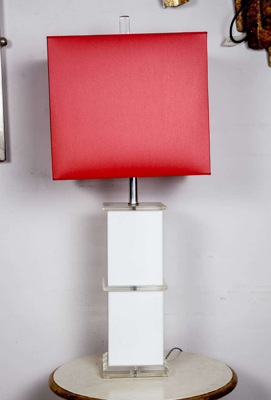 Two original acrylic white 1970's lamps with a red cotton shade